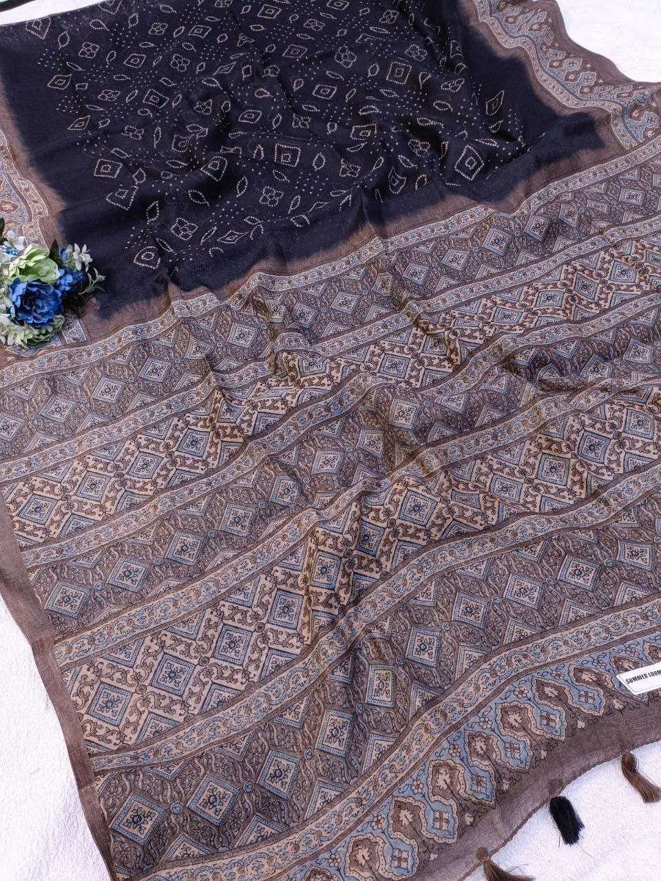 YNF MUSLIN  MUD bandhani and ajrakh WHOLESALE SAREE MANUFACTURER